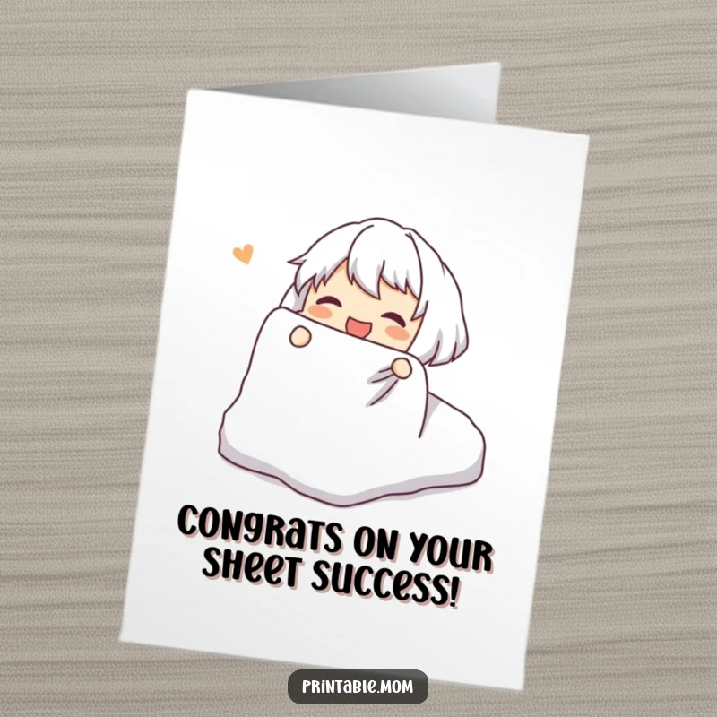 Funny Free Printable Congrats Card: Character gleefully battling to fold a fitted sheet, a humorous take on home tasks.