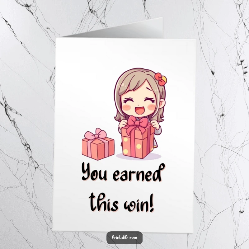 Funny Free Printable Congratulations Card: Mom joyfully tears open a wrapped gift, beaming with pride.