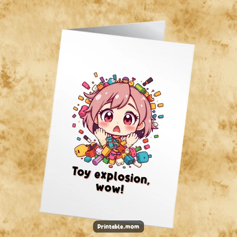 Funny Free Printable Congratulations Card Mom: A mom looks astonished at a massive toy explosion, celebrating your achievements amidst playful pandemonium.