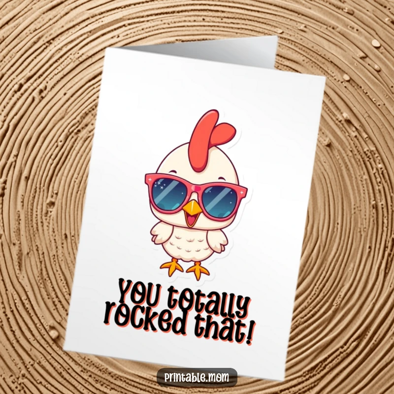 Funny Free Printable Congratulations Card: A cheerful chicken sporting oversized sparkly sunglasses, giving a thumbs up, celebrating success.