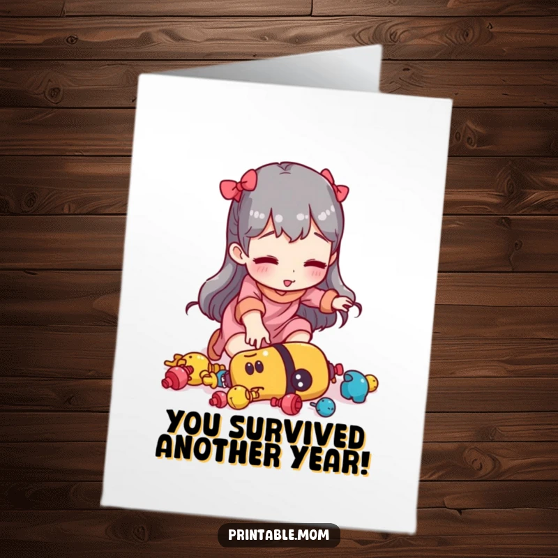 Funny Free Printable Congratulations Card: Mom humorously tripping over toys, celebrating any achievement with a clumsy grin.