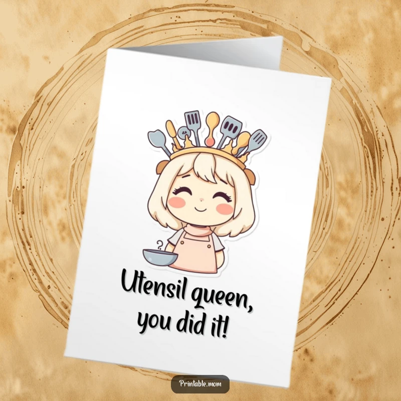 Free Printable Congratulations Card: A mom smiles wearing a crown of kitchen utensils, a funny DIY gift.