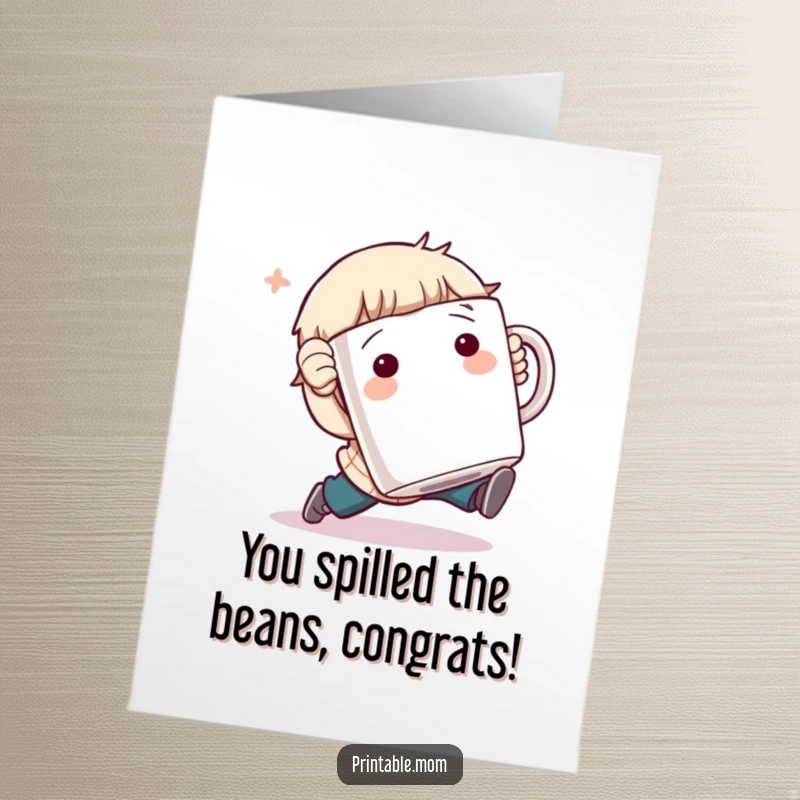 Funny Free Printable Congrats Card: Character tripping with a huge coffee mug, a perfect comical gesture for any win.