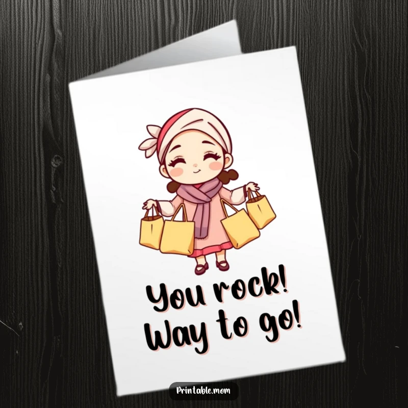 Funny Free Printable Congratulations Card: A mom juggling grocery bags, celebrating any success with chaotic energy.