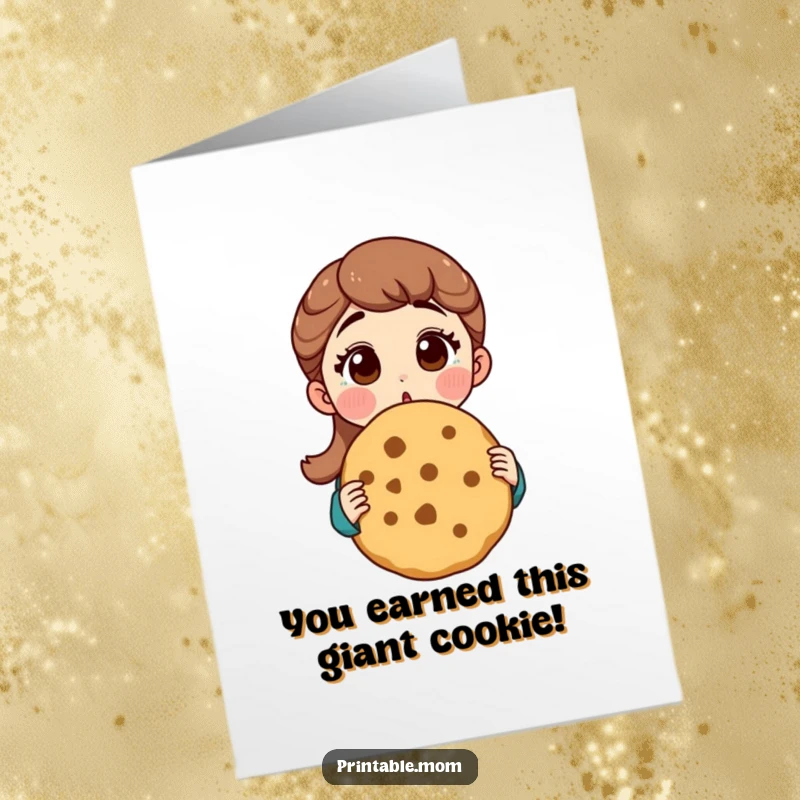 Funny Free Printable Congratulations Card: Mom's shocked face clutching an enormous cookie for a joyous occasion.