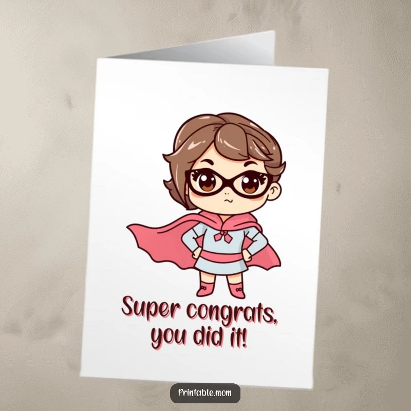 Funny Free Printable Congratulations Card: A mom rocking a superhero cape, looking resolute after a big win.