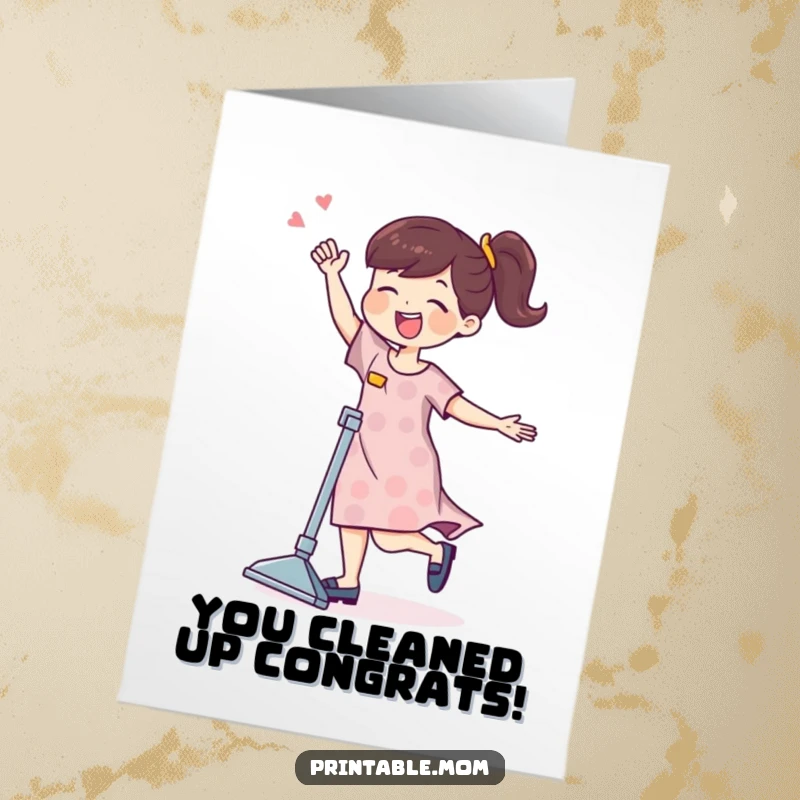 Funny free printable congratulations card featuring a joyful mom character energetically dancing with a vacuum cleaner.