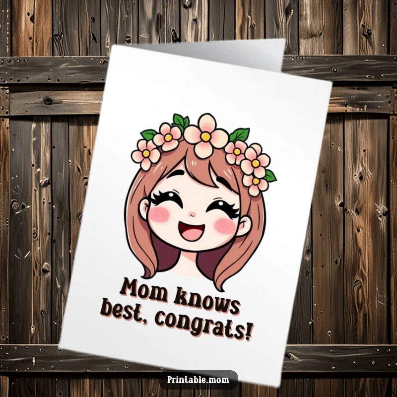 Funny Free Printable Congratulations Card featuring a mom with a flower crown giggling happily, conveying cheerful congratulations for her success.