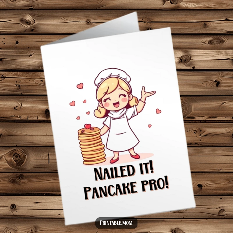 Funny Free Printable Congratulations Card: Energetic mom character triumphantly juggling pancakes, celebrating success.