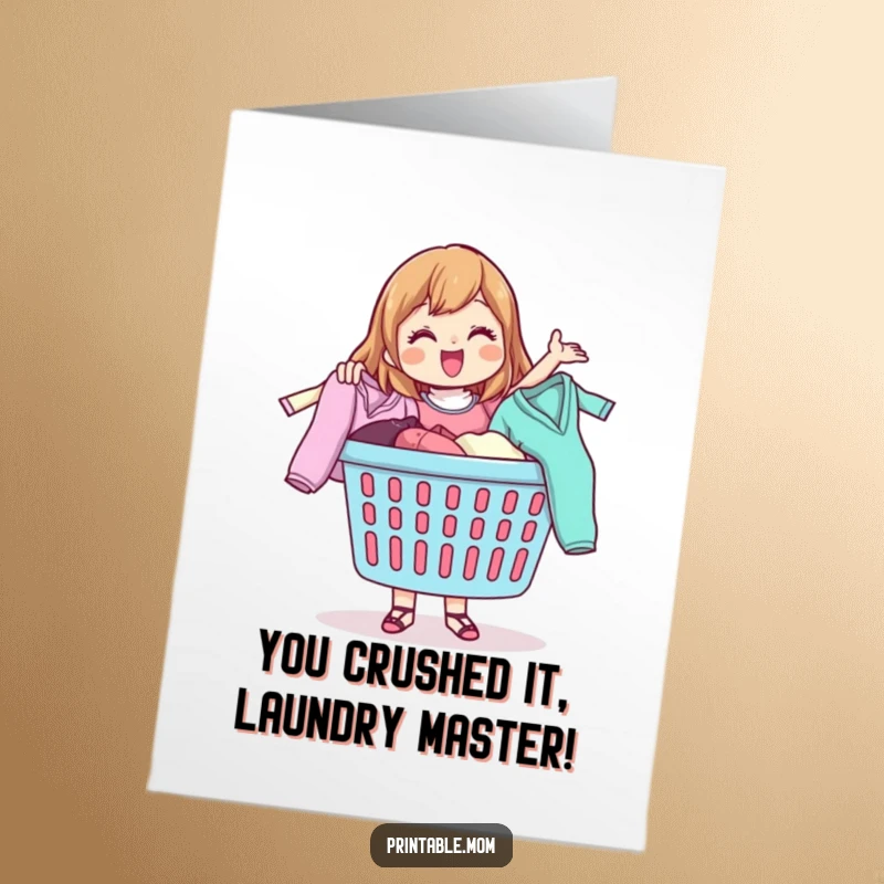 Free Printable Congratulations Card: A mom character happily tossing clothes from a laundry basket, celebrating success.