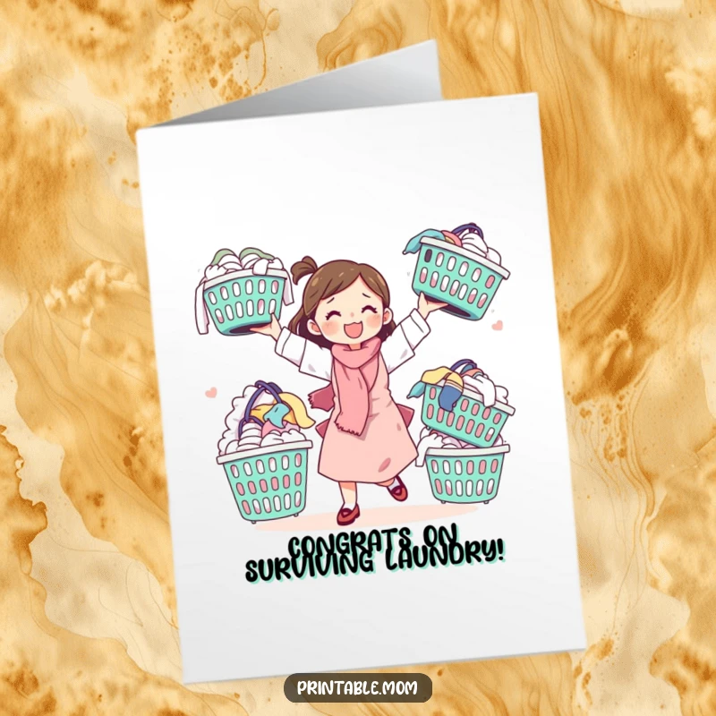 Funny Free Printable Mom Congratulations Card: A mom juggles laundry baskets, celebrating a major win.