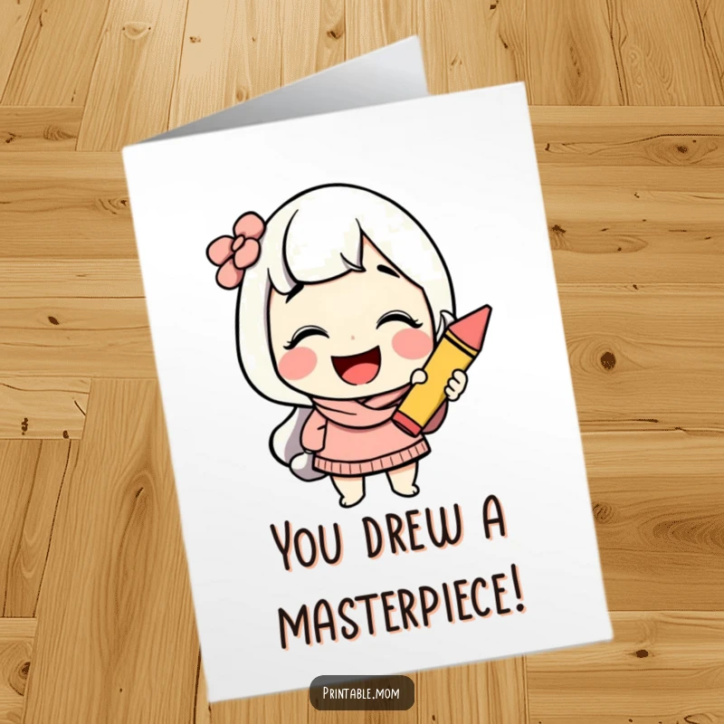 Funny Free Printable Congrats Card: A happy mom character chuckles while tightly holding a vibrant crayon.