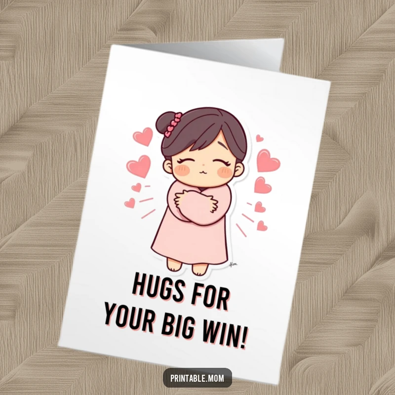 Funny Free Printable Congratulations Card: Mom character sending out love with a warm hug and radiant hearts, ideal for any celebration.