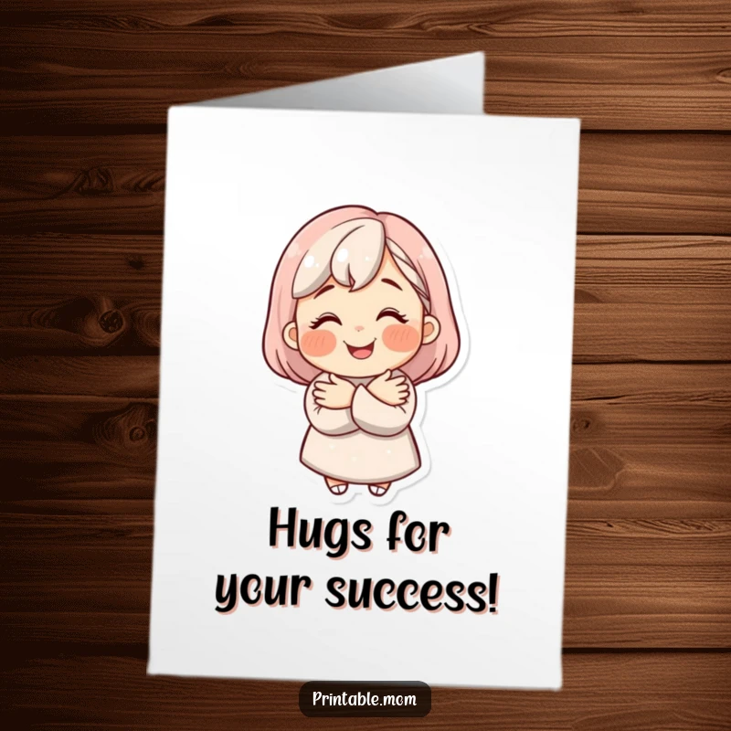Funny free printable congratulations card of a happy mom character with a wide smile offering a loving hug.