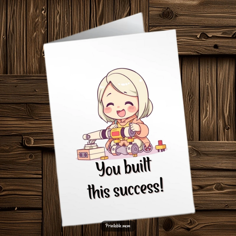Funny Free Printable Congratulations Card: Giggling mom character finds delight in assembling a complicated toy, celebrating her success.