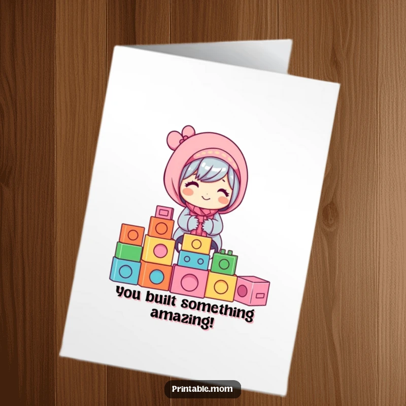 Free Printable Congratulations Card: Smiling mom happily stacking colorful building blocks, a symbol of growth and achievement.