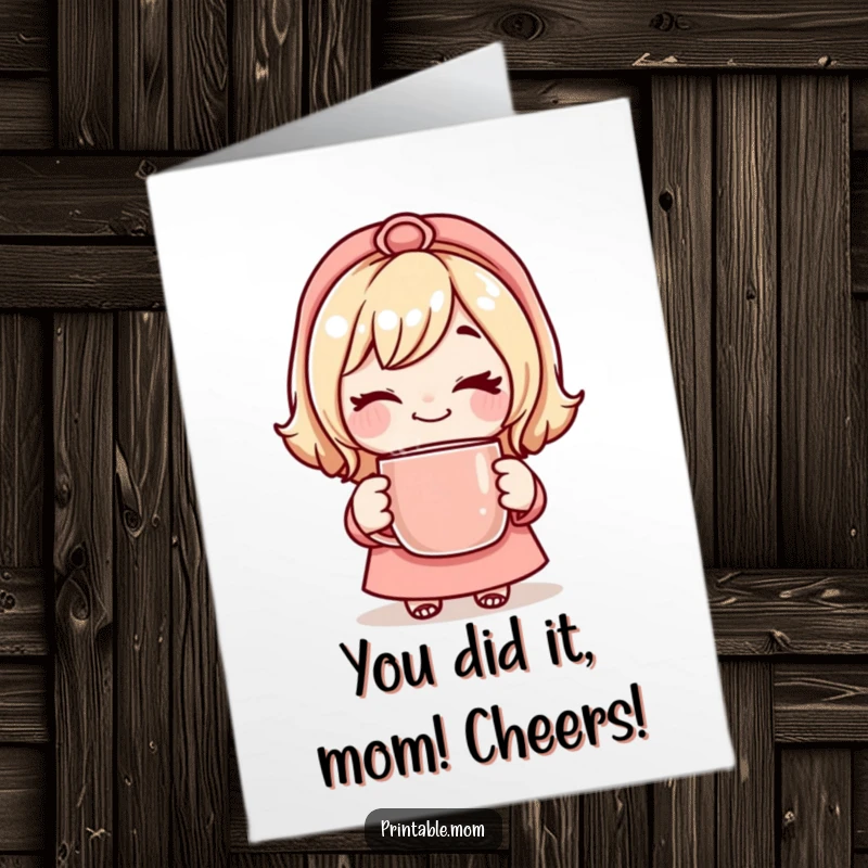 Free Printable Congratulations Card: A mom character winking playfully, holding a steaming mug, ideal for a downloadable gift.