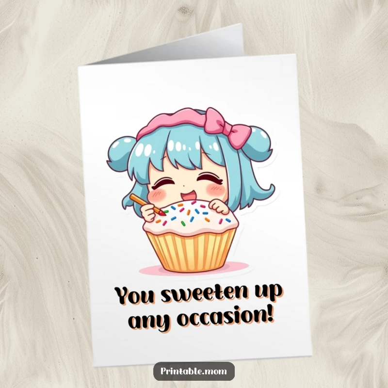Funny Free Printable Congrats Card: A character giggling with delight while adorning a cupcake with a cascade of sprinkles.