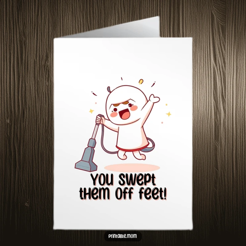 Funny Free Printable Congratulations Card showing a character dancing enthusiastically with a vacuum cleaner, perfect for celebrating momentum.