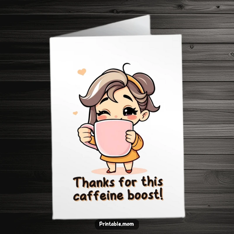 Funny Free Printable Thank You Card: A mom character with a wide grin holding a giant coffee mug, sending thanks.
