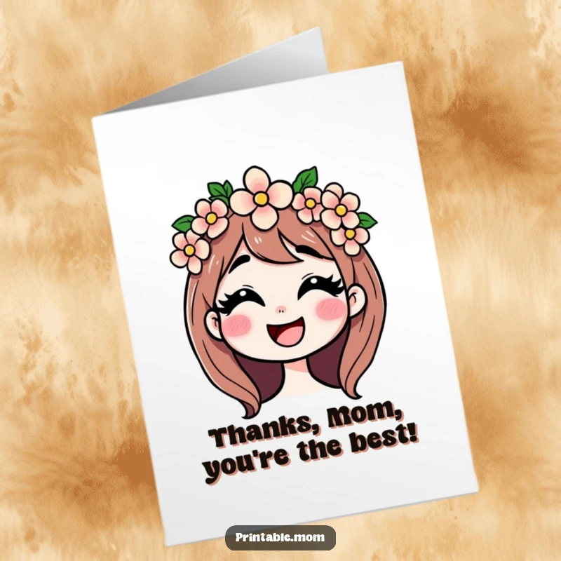 Funny Free Printable Thank You Card showcasing a mom in a flower crown, giggling sweetly, offering a charming and heartfelt thank you.