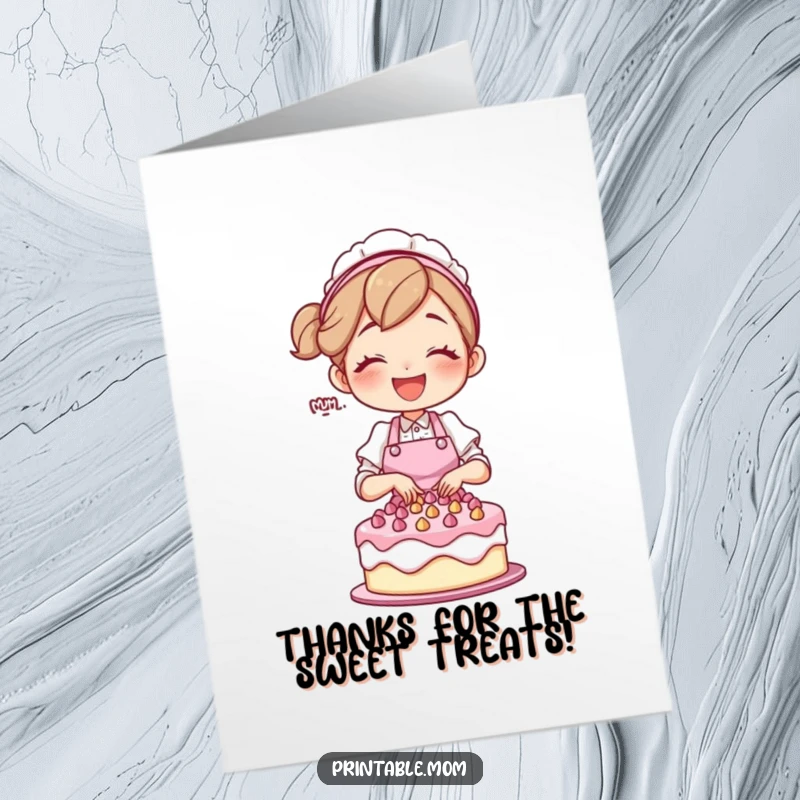 Free Printable Thank You Card: Mom character in apron joyfully decorating a cake, expressing thanks.