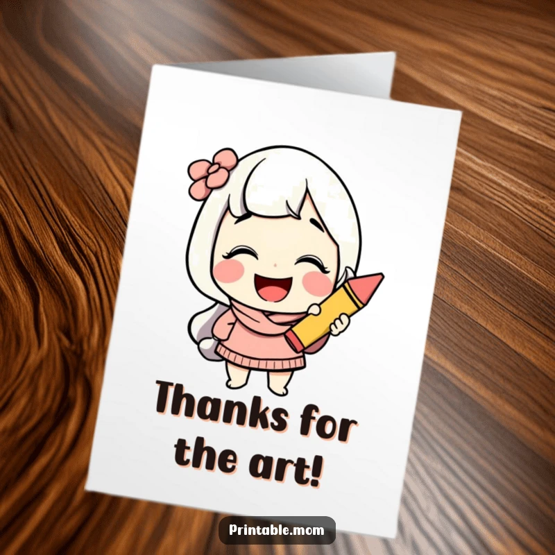 Funny Free Printable Thank You Card: A cheerful mom giggles heartily while clutching a brightly colored crayon.