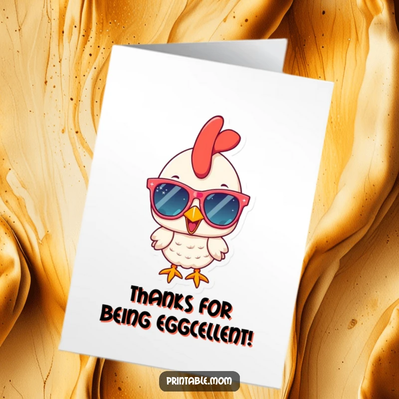 Funny Free Printable Thank You Card: A cheerful chicken in oversized sparkly sunglasses, giving a wink and a nod of thanks.