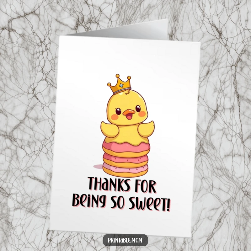Funny Free Printable Thank You Card: Surprised crowned ducky balancing donuts, a sweet surprise.