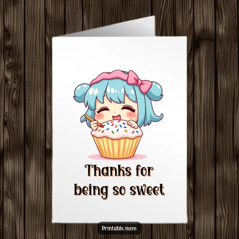 Funny Free Printable Thank You Card: A character giggling gleefully while adding sprinkles to a decorated cupcake.