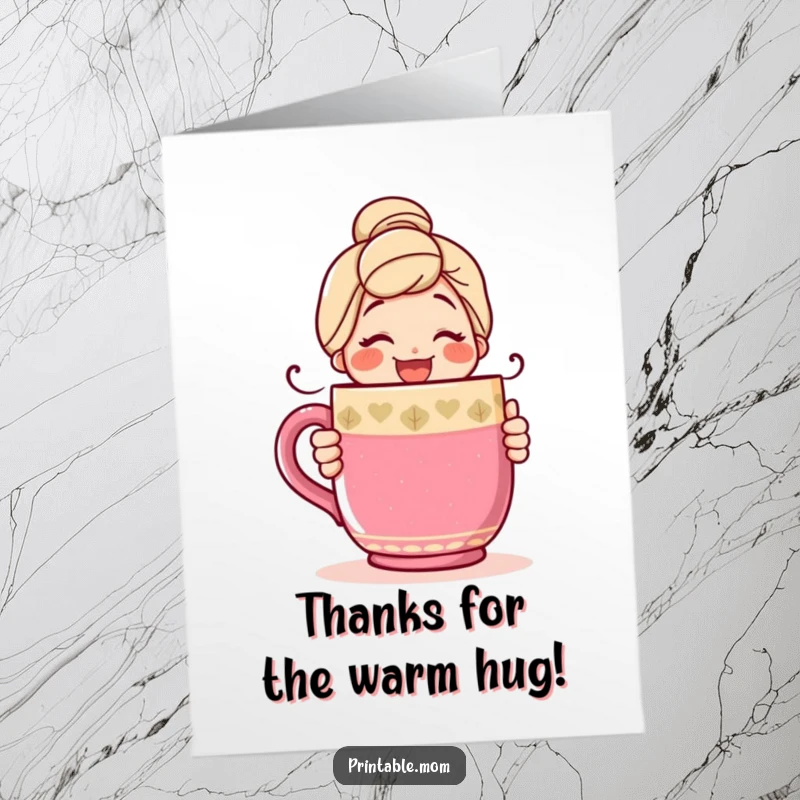 Funny Free Printable Thank You Card: A smiling mom character giving a giant, colorful mug a loving hug.