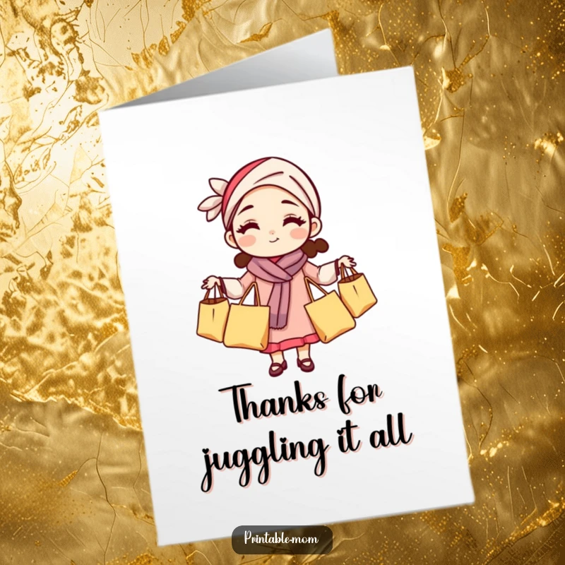 Funny Free Printable Thank You Card: Mom juggling grocery bags, expressing thanks for her amazing efforts.