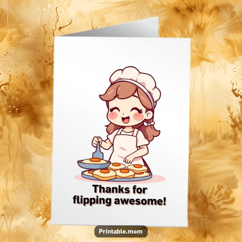Funny Free Printable Thank You Card featuring a cheerful mom in an apron flipping perfect pancakes, offering culinary gratitude.
