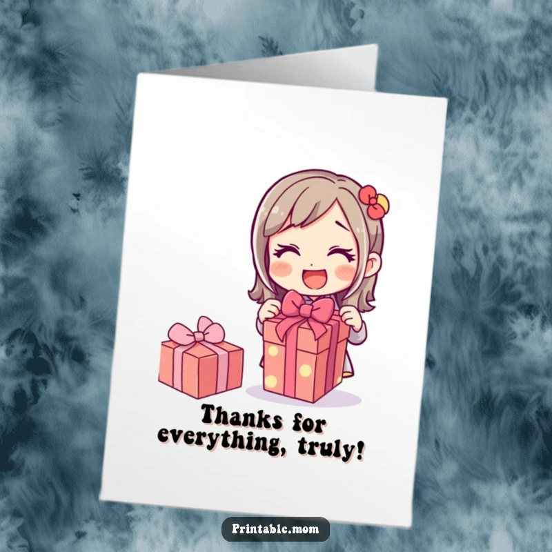 Funny Free Printable Thank You Card: Mom excitedly unwraps a present, a look of pure delight on her face.