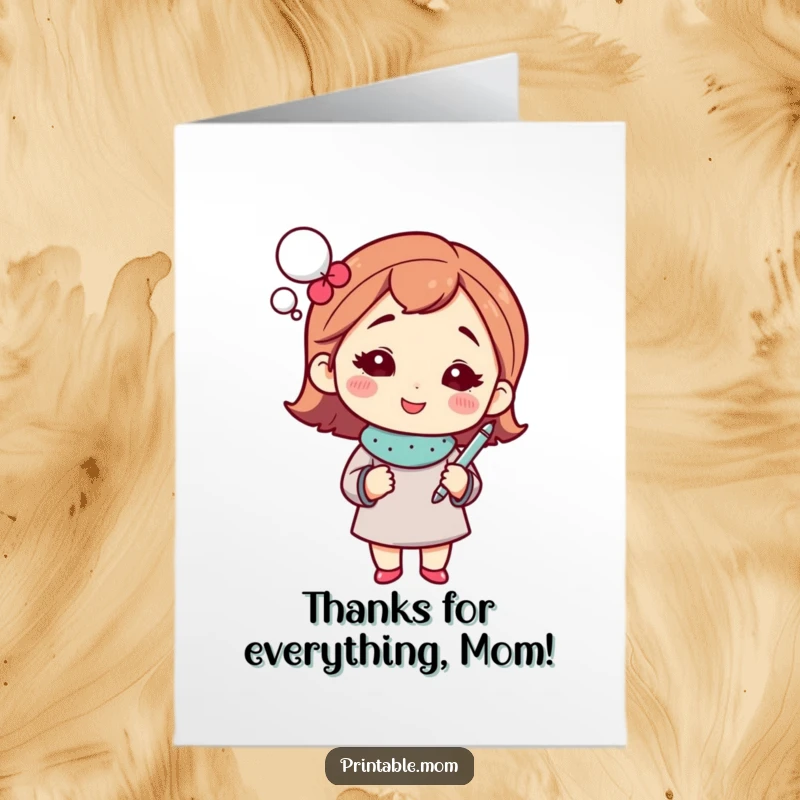 Funny Free Printable Thank You Card: Mom's Sparkling Thought Bubble Holding Pen, Expressing Gratitude