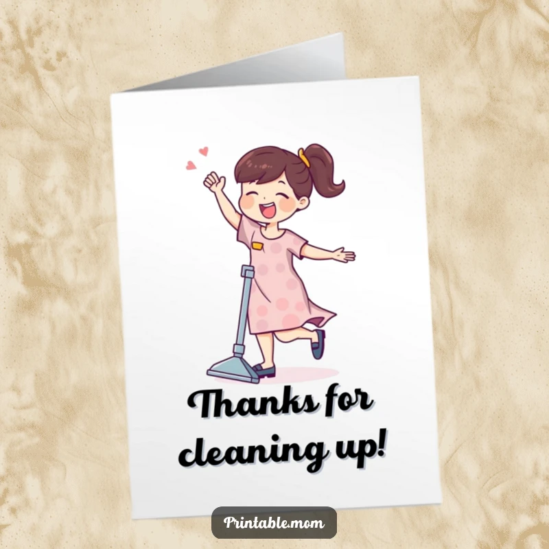 Funny free printable thank you card depicting a joyful mom character dancing gleefully with a vacuum cleaner.
