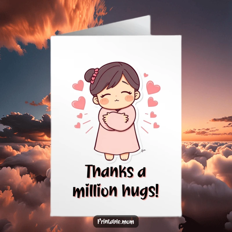 Funny Free Printable Thank You Card: Mom character giving a warm, heartfelt hug with floating hearts, expressing deepest thanks.