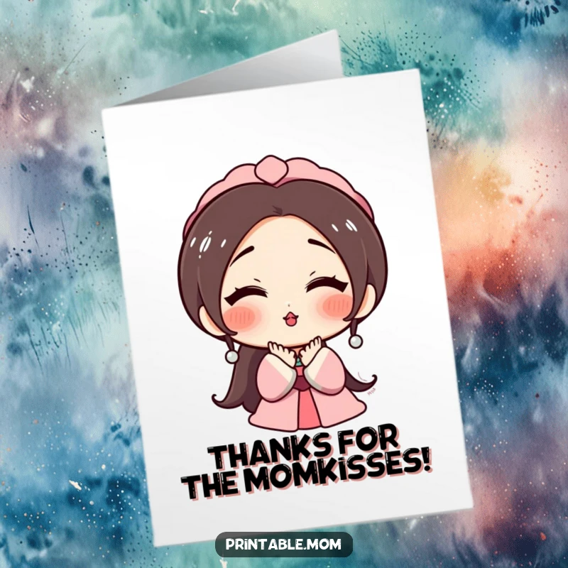 Funny Free Printable Thank You Card: Mom with Rosy Cheeks Giving a Kiss