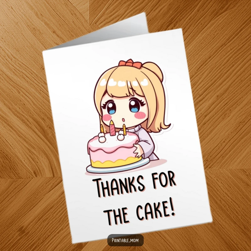 Funny Free Printable Thank You Card: Mom Surprised While Holding a Decorated Cake