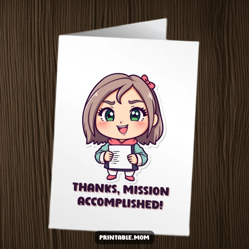 Funny Free Printable Thank You Card: Mom character with a determined grin, ready to tackle any task, expressing gratitude.