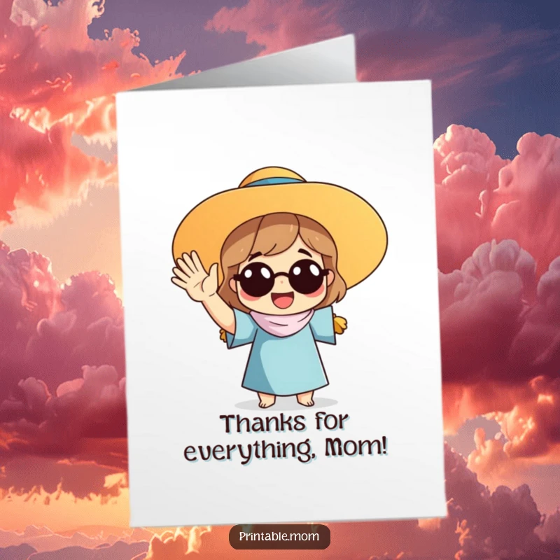 Funny Free Printable Thank You Card of a mom wearing a sun hat, waving with great enthusiasm, offering a sunny and appreciative thank you.
