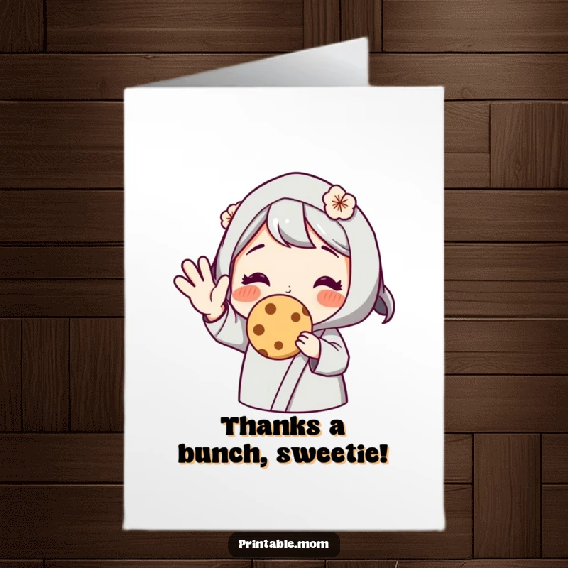 Funny Free Printable Thank You Card: Mom waves happily, offering a freshly baked cookie with warmth.