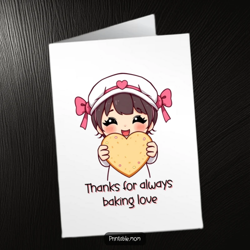Funny Free Printable Thank You Card: Proud mom proudly displays a giant heart cookie, showing appreciation with a grin.
