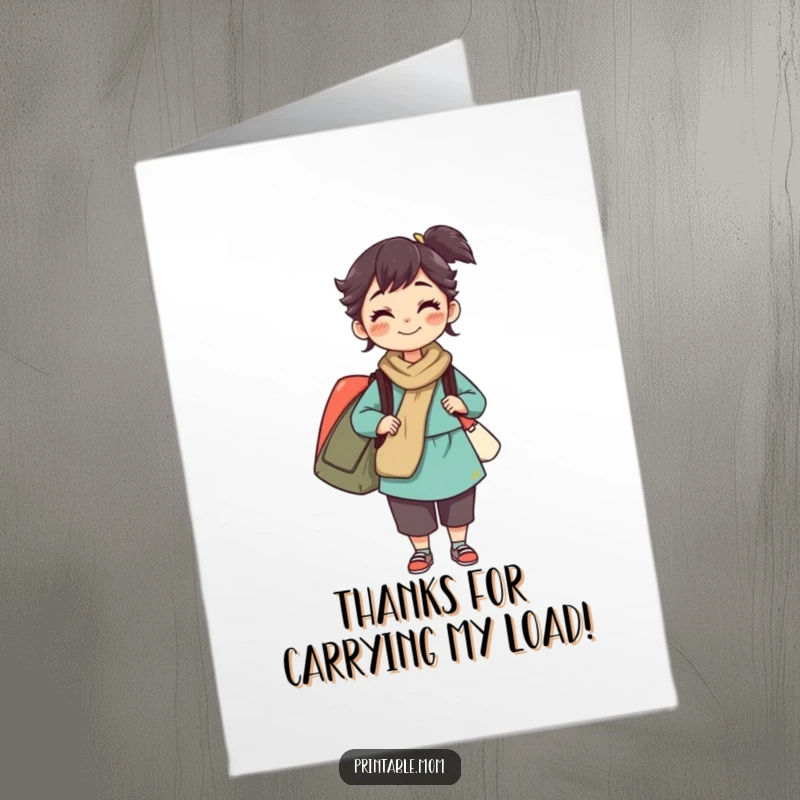 Funny Free Printable Thank You Card: Mom juggles many bags with a determined grin, showing her strength.