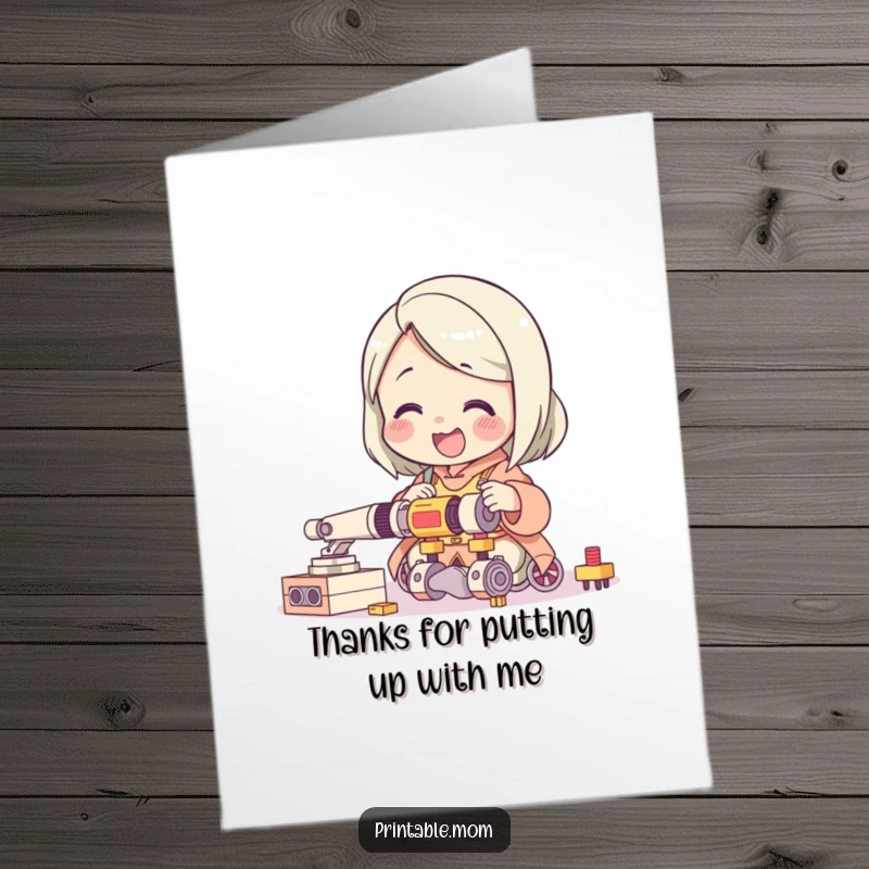 Funny Free Printable Thank You Card: Giggling mom character delights in assembling a complicated toy, thanking her for her efforts.