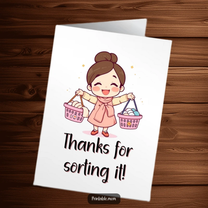 Funny free printable thank you card where a happy mom character impressively juggles laundry baskets, showing her amazing capacity.