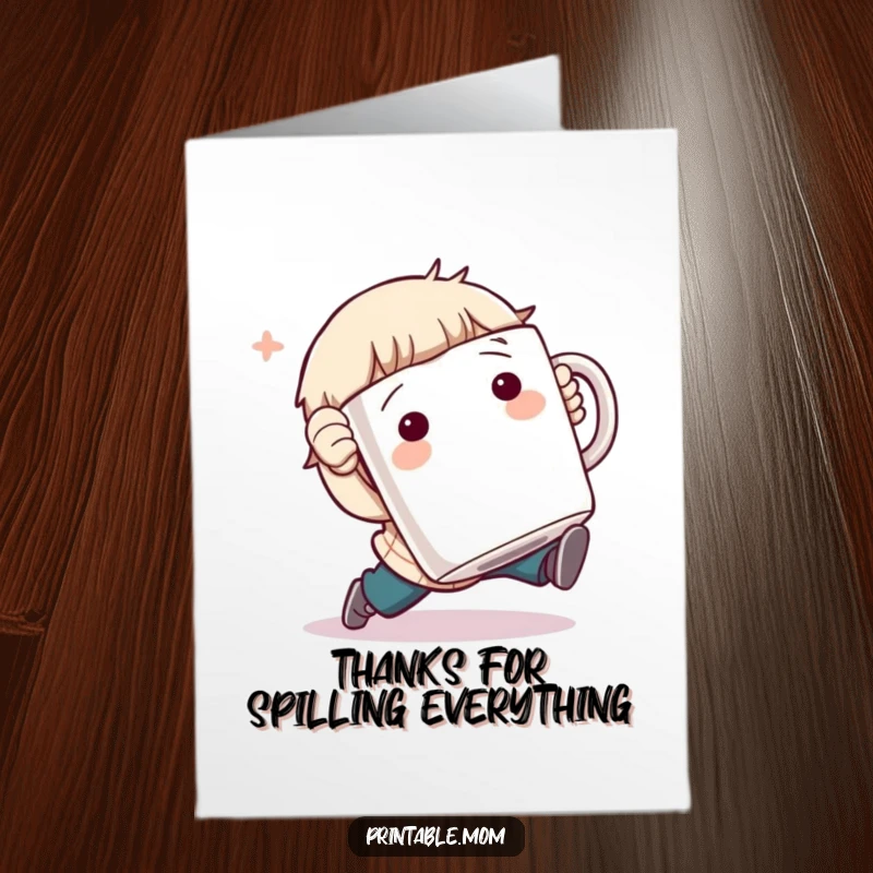 Funny Free Printable Thank You Card: Character comically tripping while holding a giant coffee mug, a humorous way to say thanks.