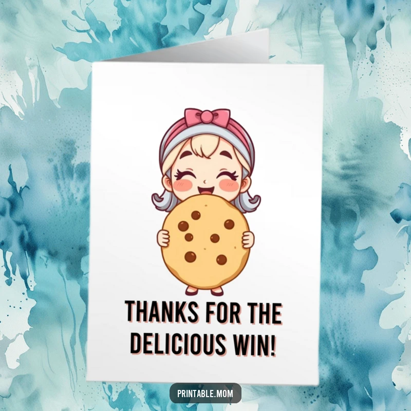 Funny Free Printable Thank You Card of a mom holding a large cookie, a thoughtful DIY gift.