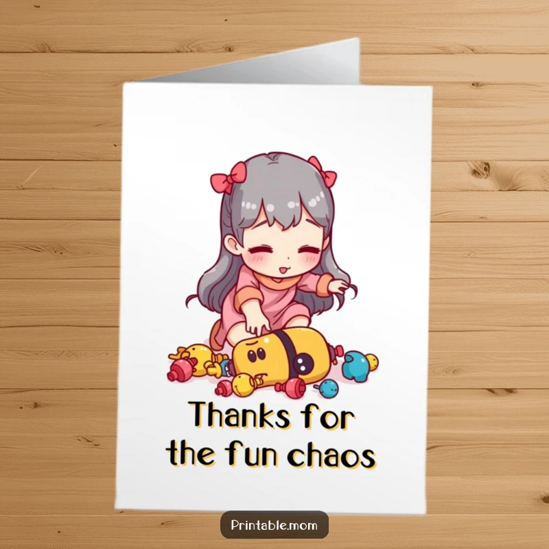 Funny Free Printable Thank You Card: Mom humorously trips on toys, a relatable and hilarious thank you.