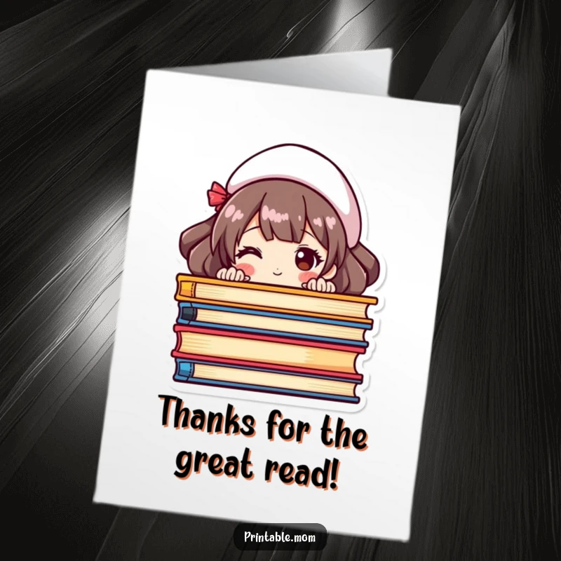 Funny Free Printable Thank You Card: A mom character peeking from behind colorful books, sending thanks.